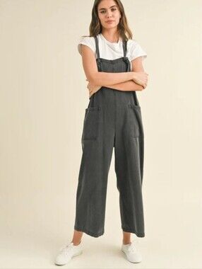 MIOU MUSE Linen Blend Overalls Washed Black Wide-Leg Cropped